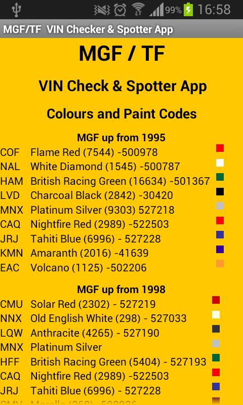 MGF/TF VIN Check & Spotter App